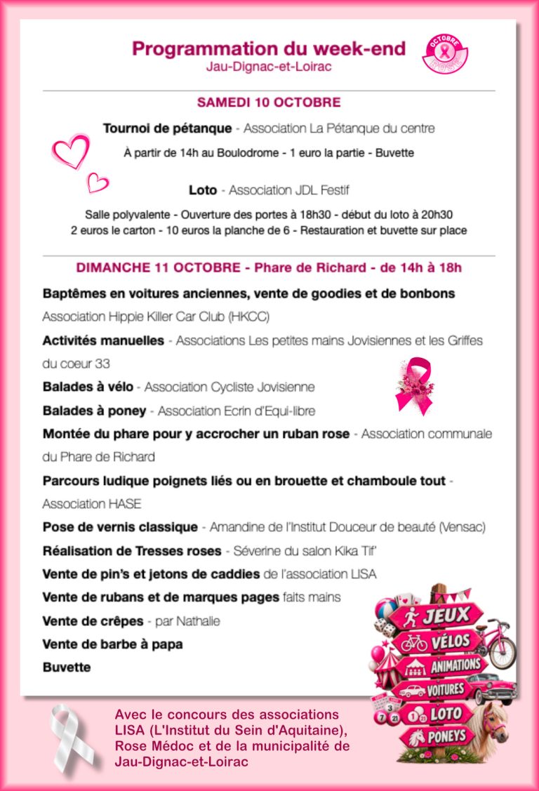 affiche programme octobre Rose Jau-Dignac - Fil Rose Médoc Challenge